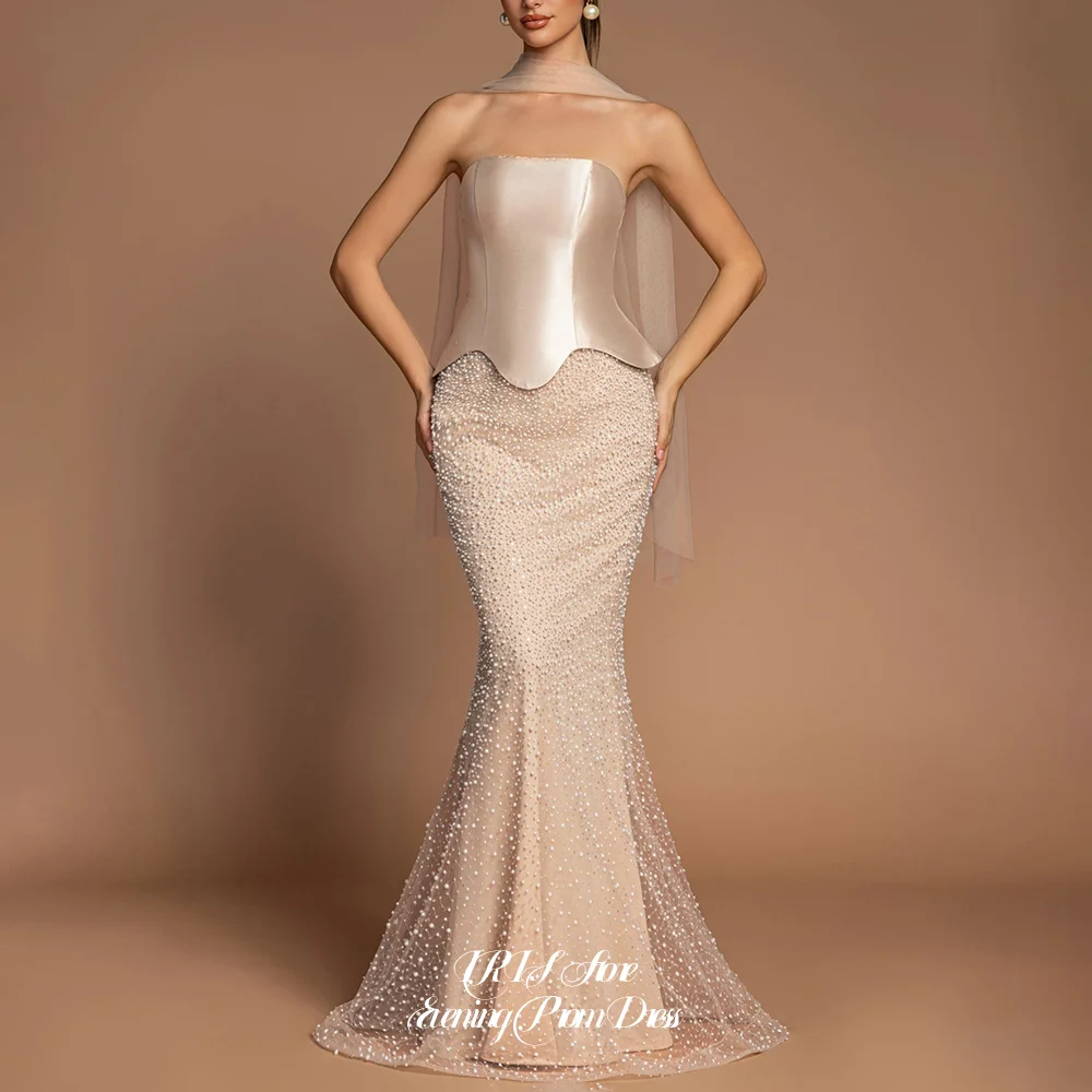 

IRIS Elegant Luxury Nude Strapless Satin Pearl Mermaid Lace Up Back Customized Evening Dresses for Women 2026