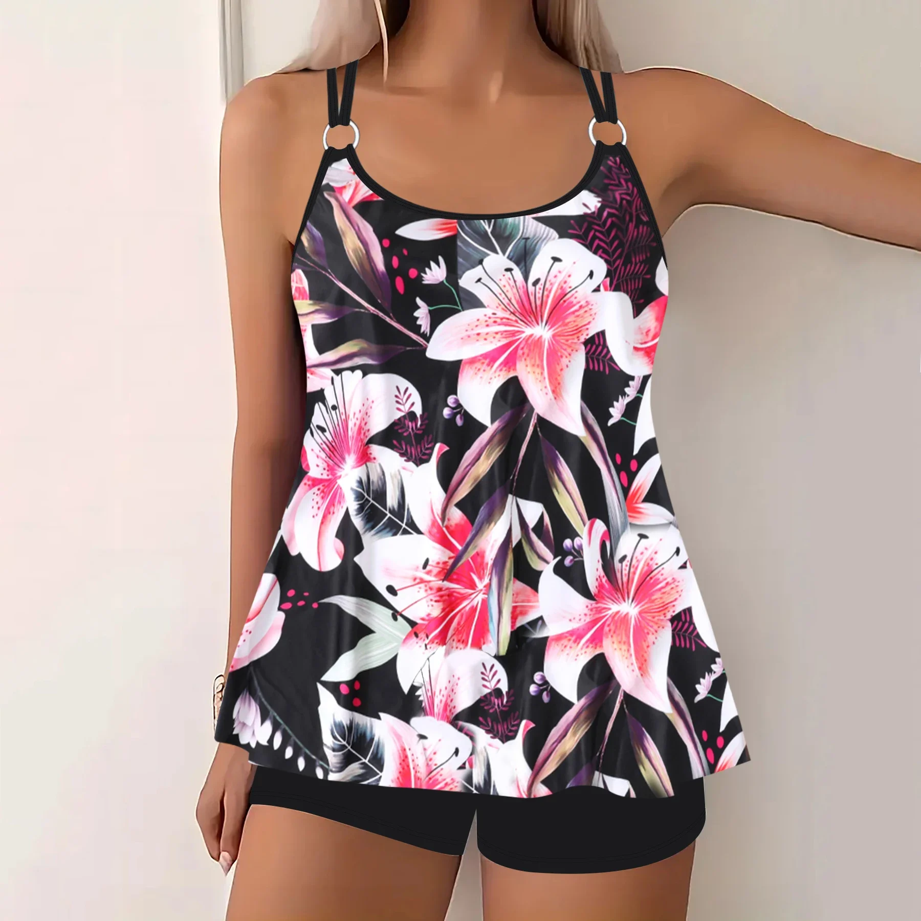 

Floral Print Patchwork Black 2 Piece Set Tankini, Round Neck High Waist Stretchy Swimsuits, Women's Summer Bikini Beachwear
