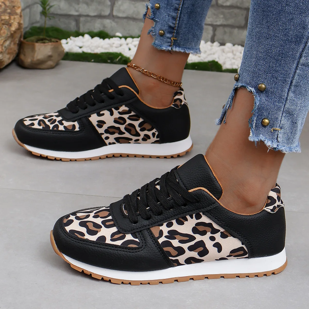 Luxury Leopard Print Womens Lace-up Color Blocked Flat Casual Shoes PU Leather Vulcanized Shoes for Women Flip Sneakers