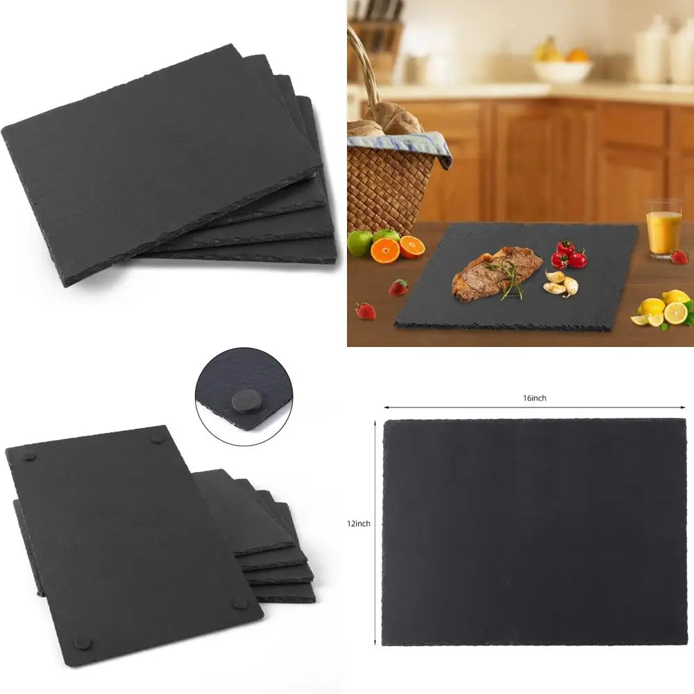 

Black Slate Cheese Boards Set of 4, 16x12 Inches, Natural Edge Square Serving Trays for Fruits, Desserts, and Appetizers