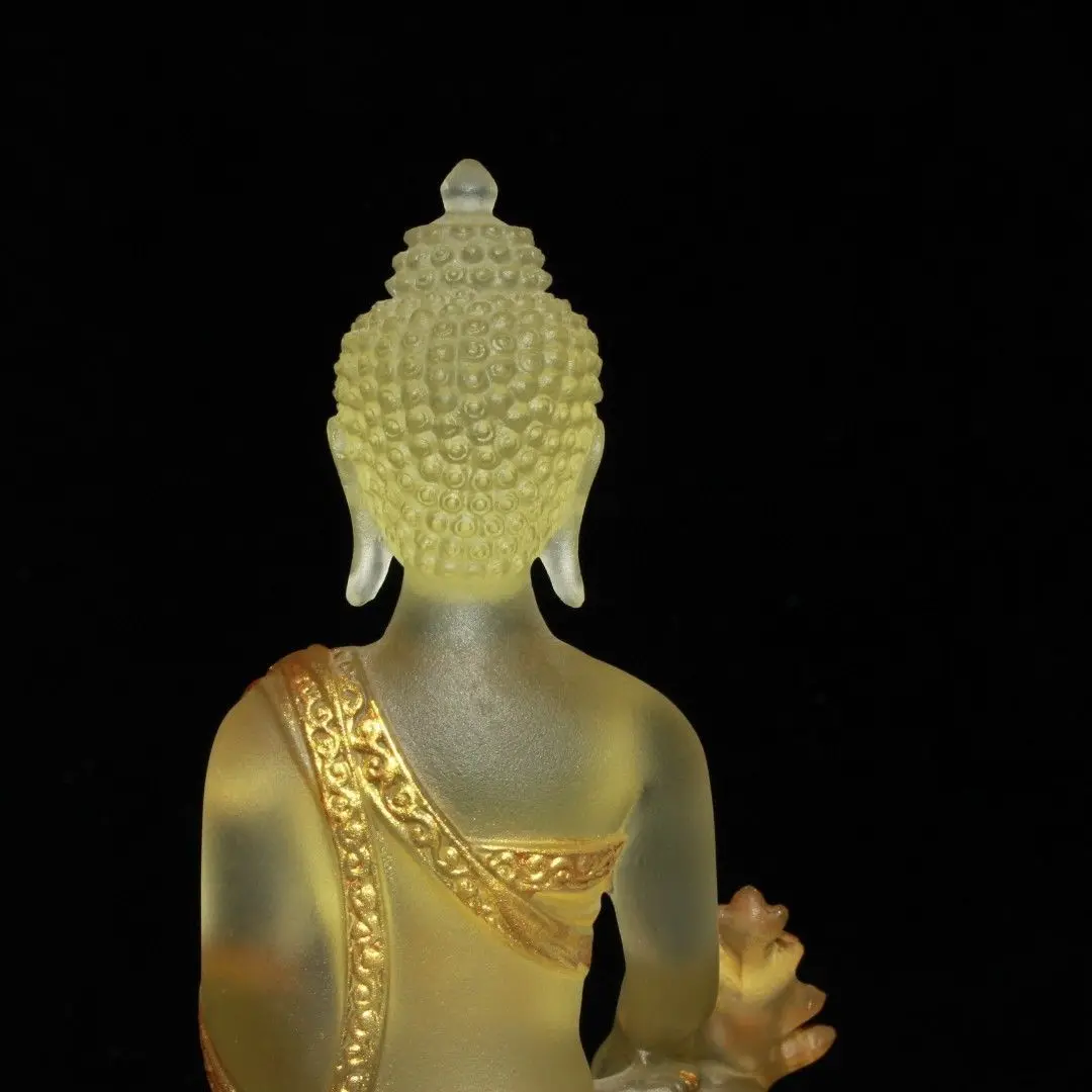 Vintage Early Collection CRYSTAL Gilt Colored Glaze Liuli Lotus Base Sakyamuni Buddha Sculpture Decorative Collectible Statue view 5