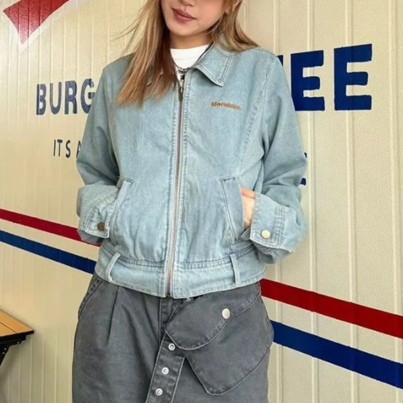 Short Denim Jacket for Women American Retro Washed High Street Zipper Jean Coats Chest Embroidered Slim Fit Outwear Clearance