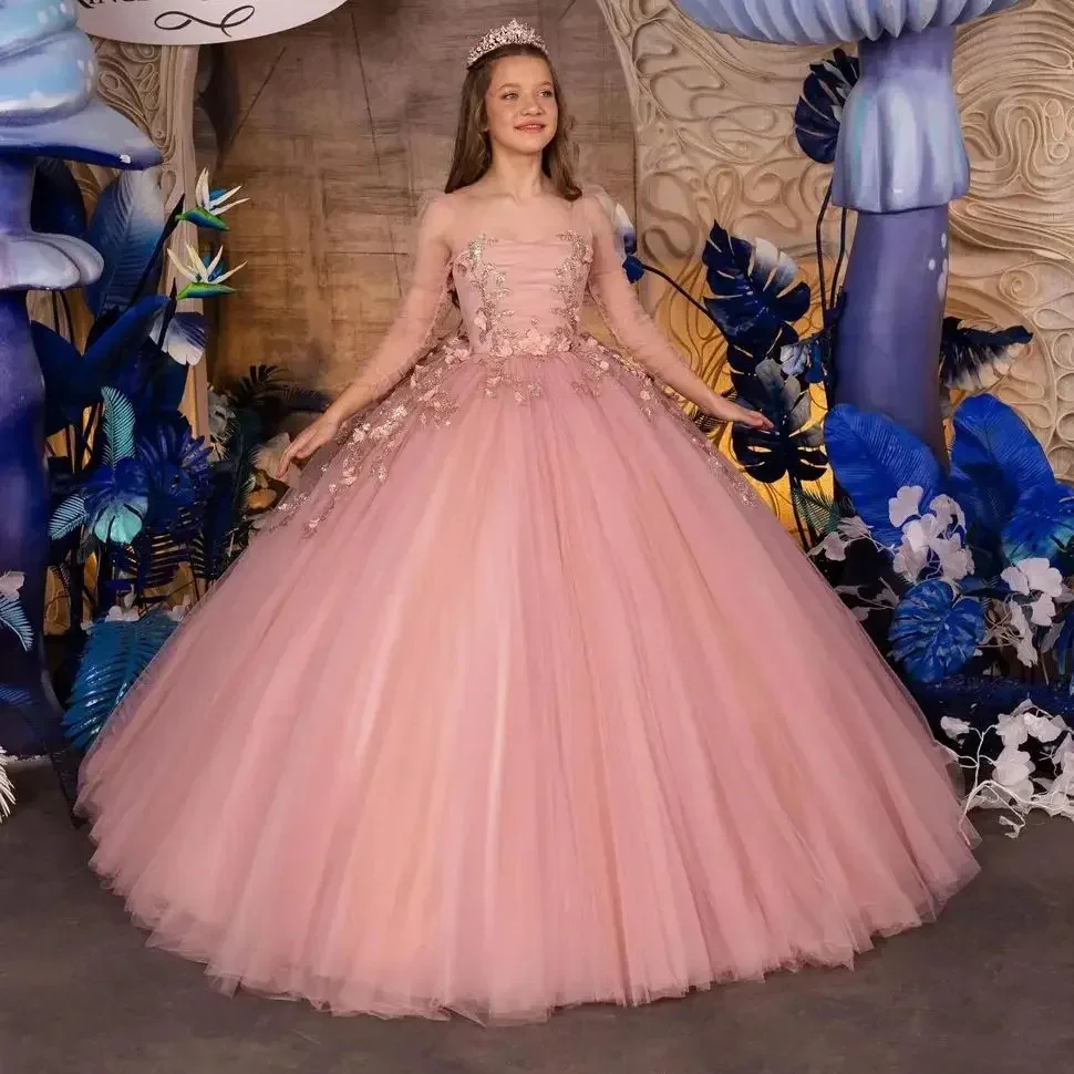 فساتين فتاة الزهور الوردية الفاخرة لحفلات الزفاف مزينة بالزهور ثلاثية الأبعاد للأطفال Quinceanera أول مناولة فستان وصيفة العروس