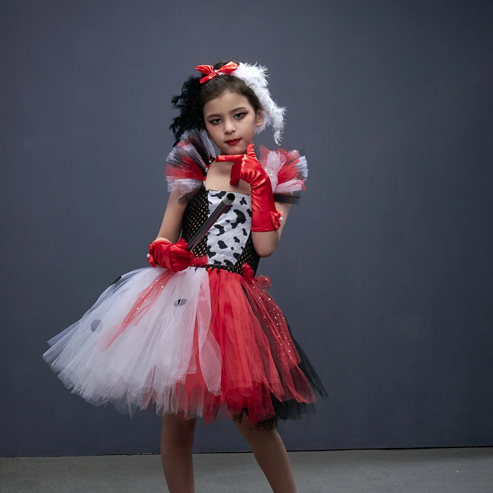 Deluxe Cruella Inspired Tutu Dress for Grils Evil Villain Halloween Costume Dalmatians Dog Black White Kids Fancy Cosplay Dress