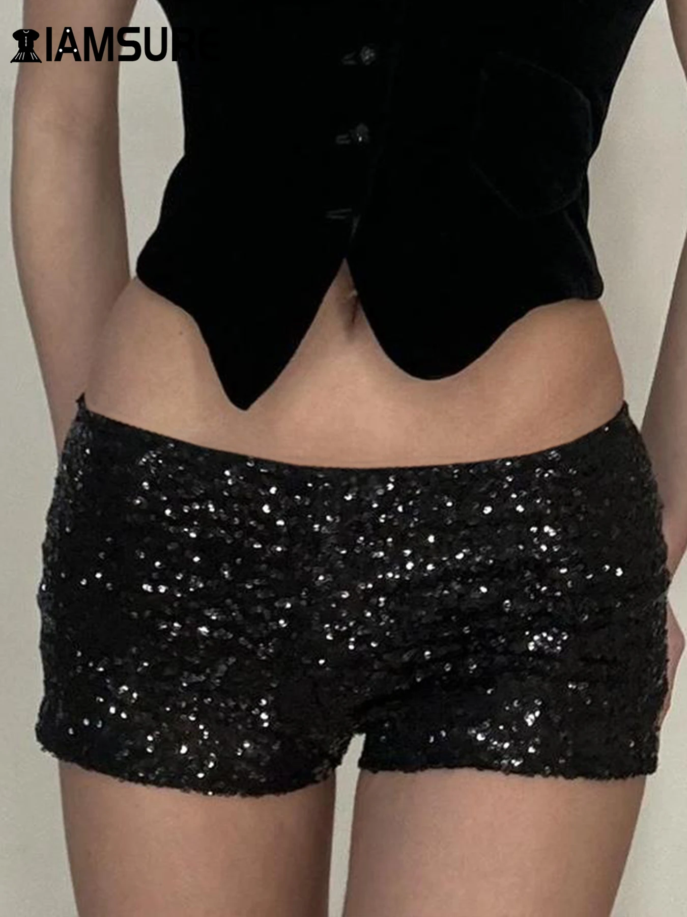 IAMSURE Sexy Sparkle Glitter Sequined Shorts Clubwear Slim Low-Waisted Super Mini Shorts Women 2024 Fashion Streetwear Ladies