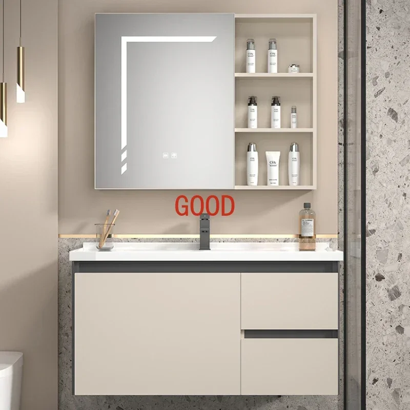 Cream Style Space Aluminum Bathroom Cabinet Washbasin Combination Ceramic Integrated Rock Plate Armadietto Room Furniture