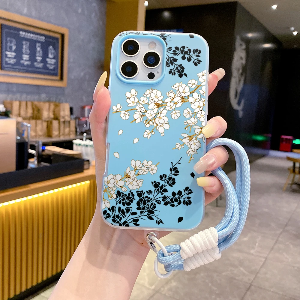 Flower Branch Print 2 in1 Lanyard Jelly Phone Case For iPhone 17Air 17 Pro Max 16 15 14 13 12 11 Pro 7 8 X XR XS SIlicone Cover view 6