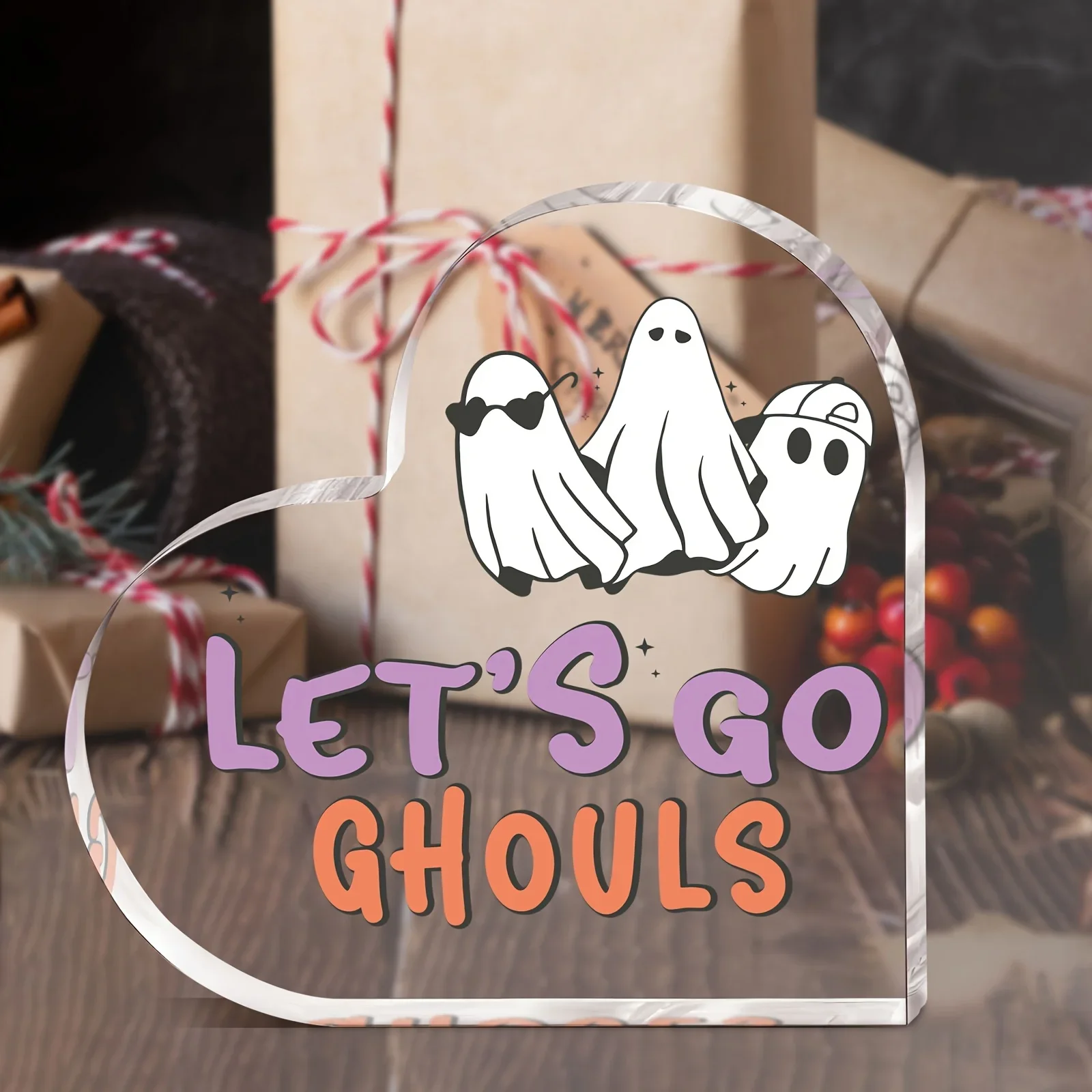 Retro Colorful Let’s Go Ghouls Ghost Heart‑Shaped Acrylic Keepsake, Fall Decoration,Halloween Party Gift