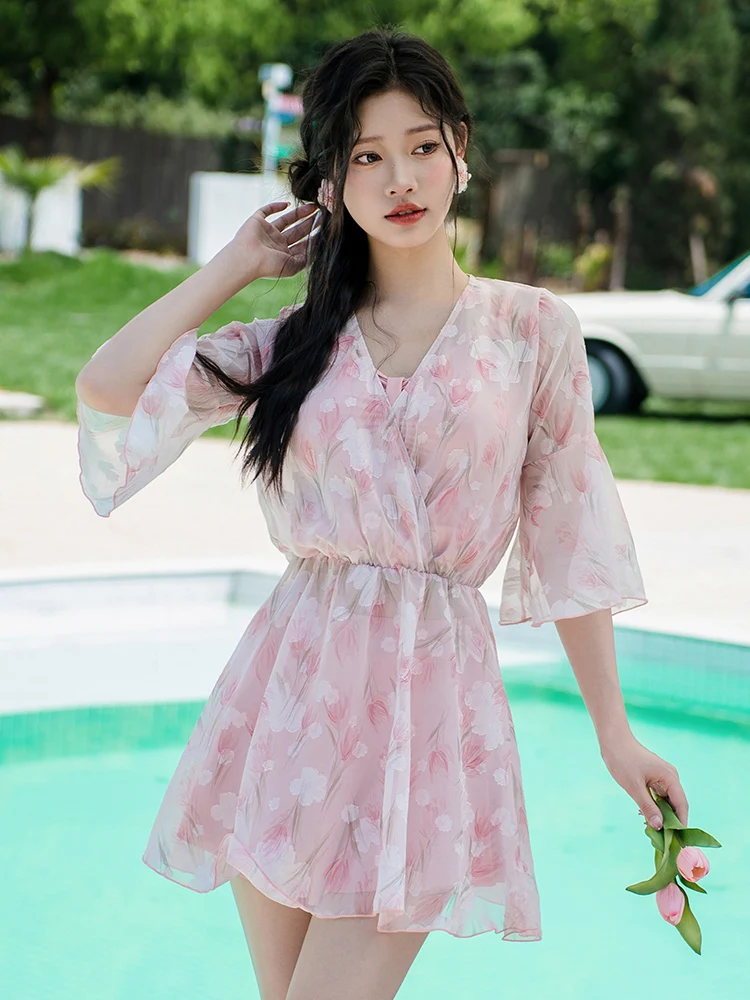 

Floral Print Swimwear Women's Tee-Piece Set Conservative Hot Spring Breakout Slimming Large Size Separate Skirt Sle