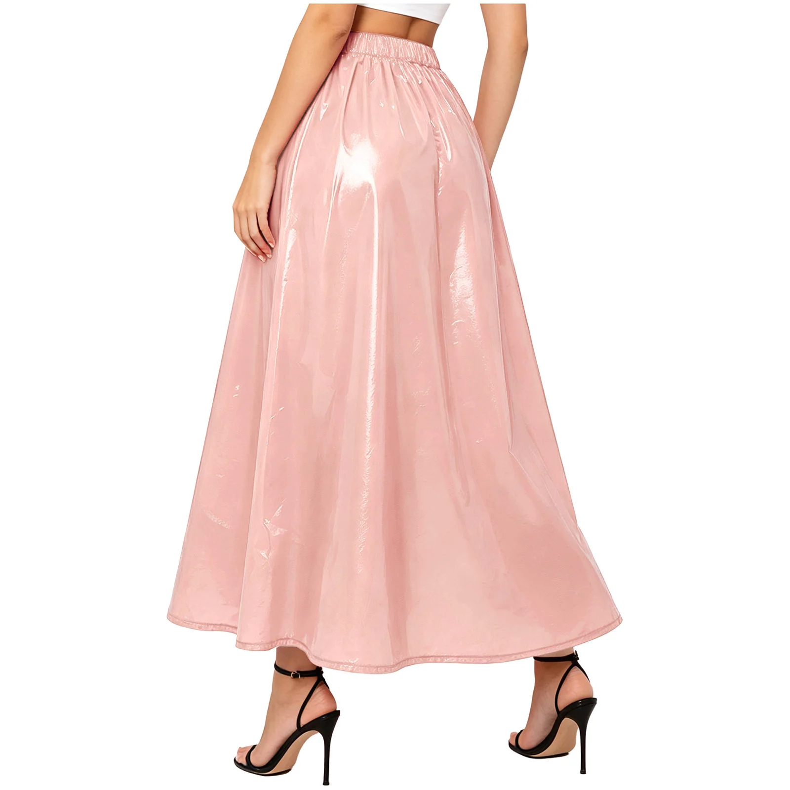 Womens Waterproof Vinyl Long Skirt Elastic Waistband Swing Skirt Glossy Cover-up Maxi Skirt for Nightclub Party Festival Rave