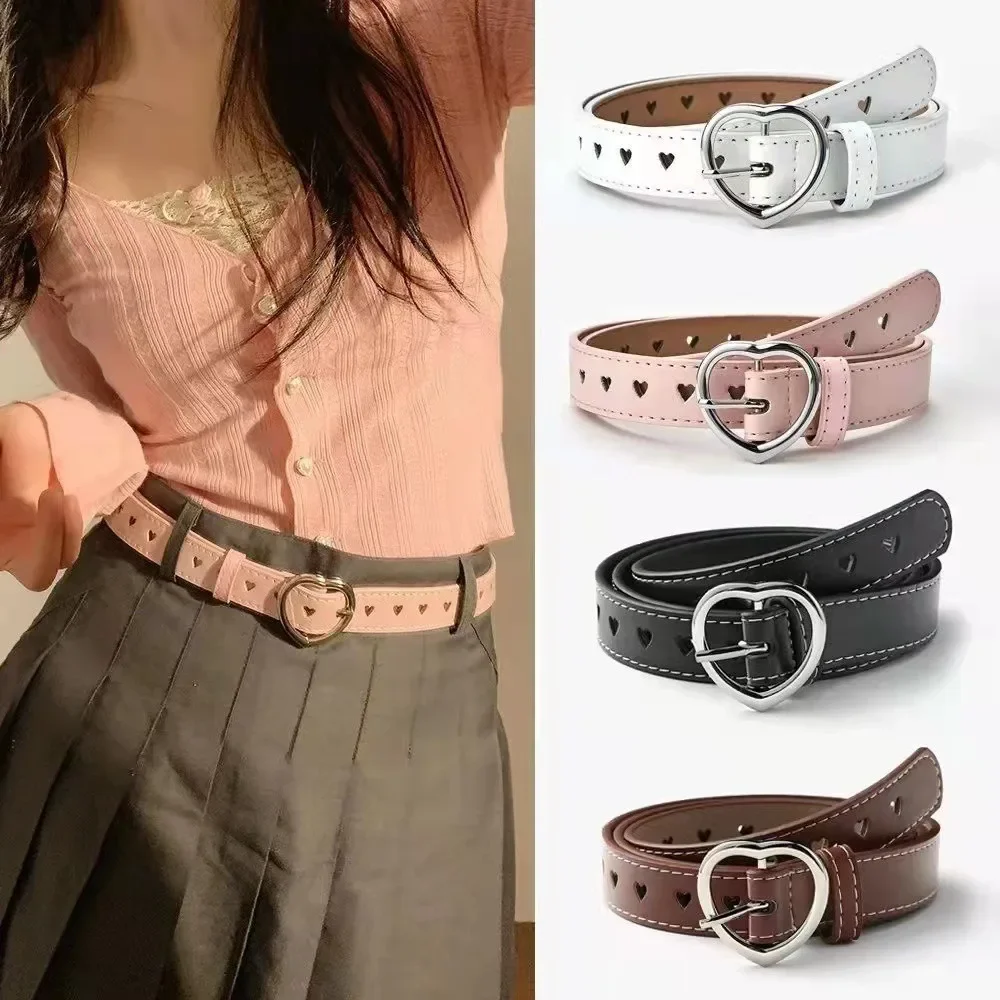 

Women Fashion PU Belt Leather Punk Belt with Adjustable Love Heart Holes Luxury Designer Buckle Belt for Dress Jeans Accessories