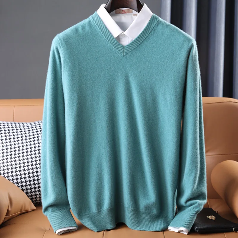 Men\'s 100% Pure Wool Sweater V-Neck Loose Pullover Fall Winter New Large Size Knitted Bottom Shirt Korean Business Casual Top