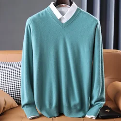 Men's 100% Pure Wool Sweater V-Neck Loose Pullover Fall Winter New Large Size Knitted Bottom Shirt Korean Business Casual Top