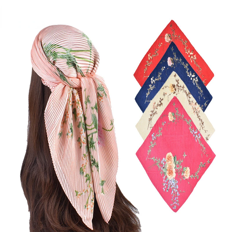 

New Natural Floral Print Versatile Pleated 90 Satin Scarf Silk Scarf Women Luxury Designer Scarf Trending Products 2024