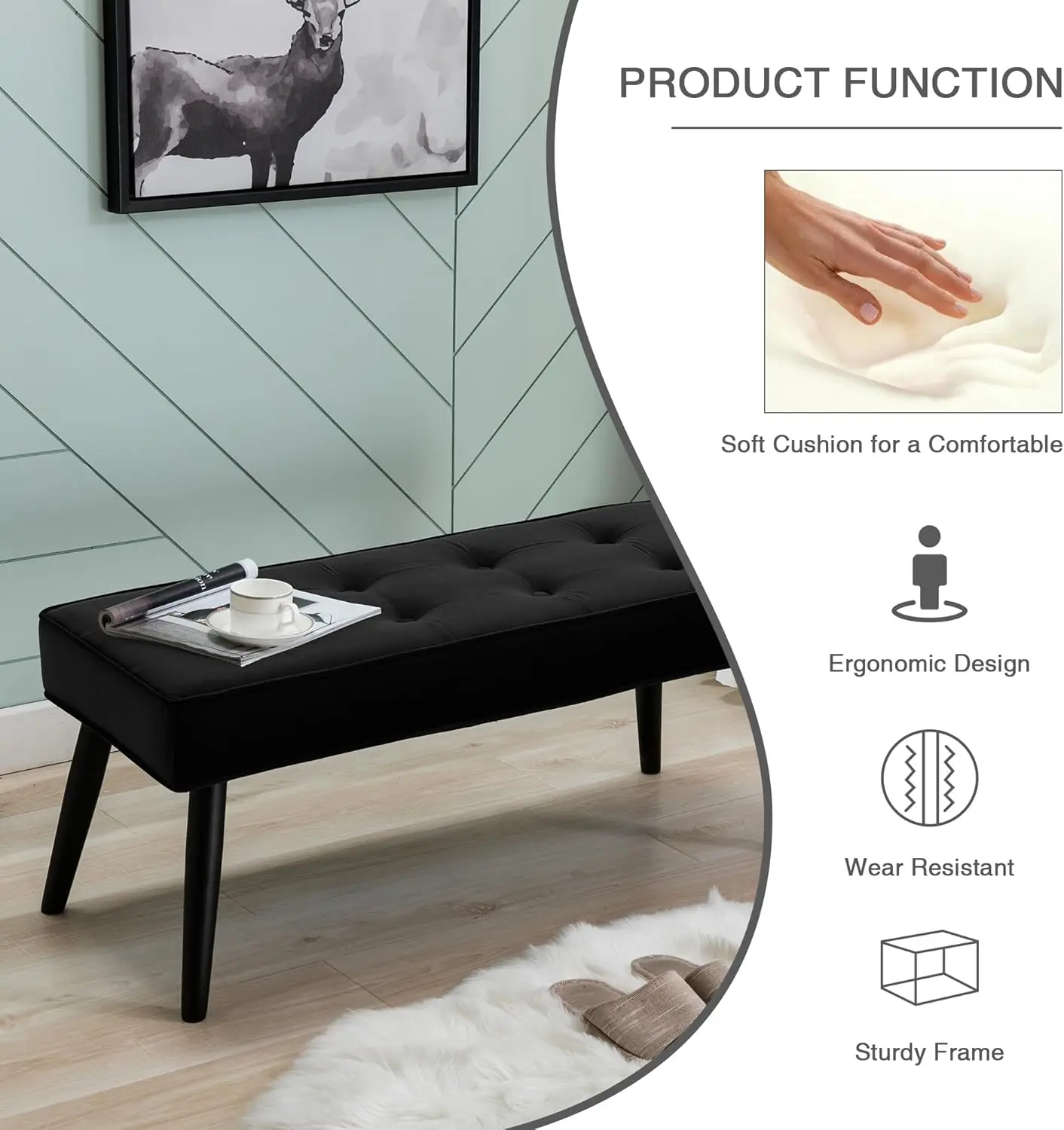 

Velvet Tufted Ottoman Bench, Modern Upholstered End of Bed Bench, Comfortable Entryway Bench