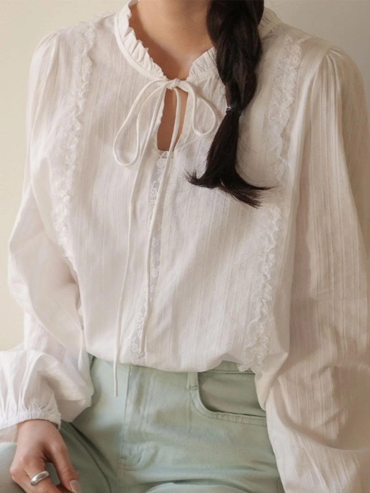 Chic Sweet Design Damen Weiß IRT Spring Faionable Tied Top Inner Wear Korean Sle Loose Bubble Sve Pure Color