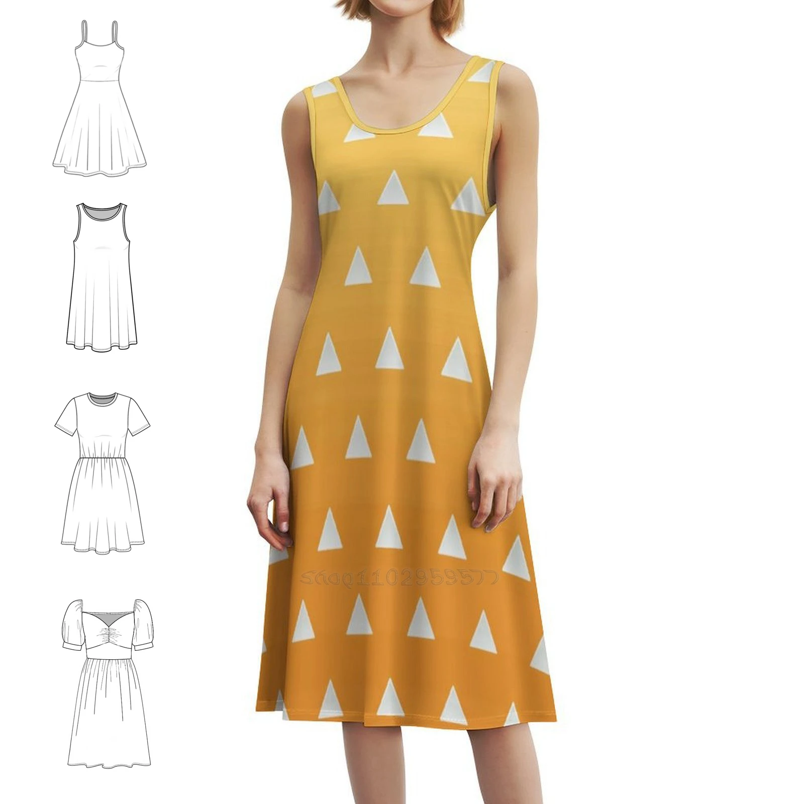 

Pattern Bohemian Sleeveless Dress Multi-Print Beach Vacation Party Dress Kimetsu No Yaiba Demon Yellow Orange Dress