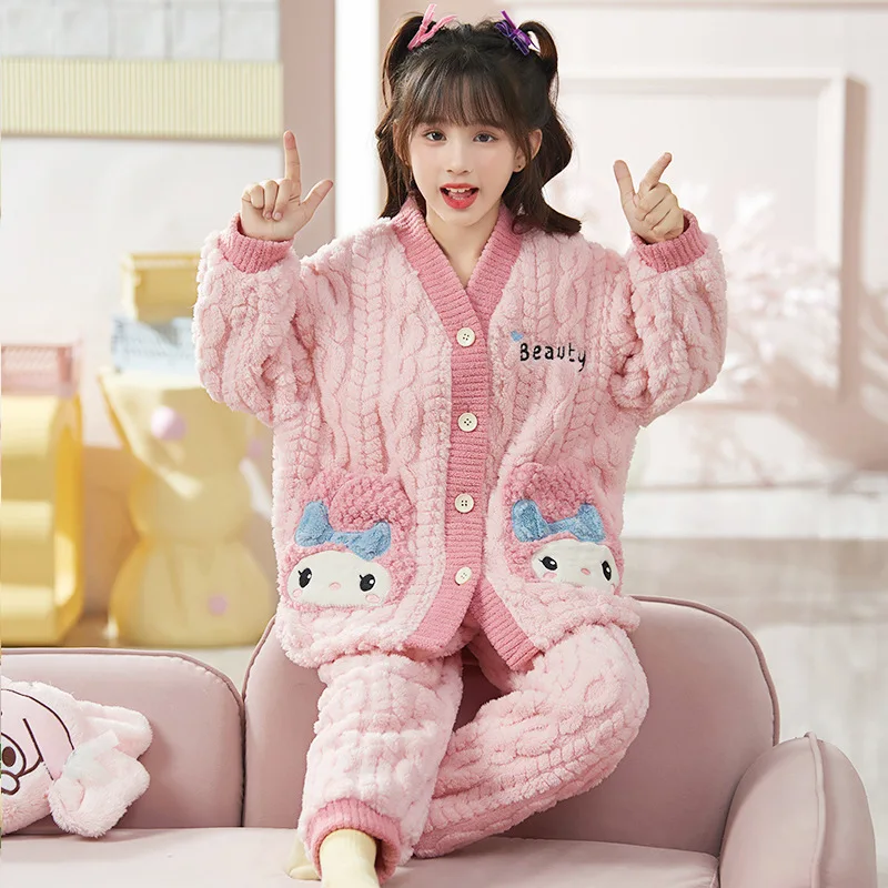 Autumn Winter Children Plush Pajamas Cardigan Anime Sanrioed Cinnamoroll Kuromi Cute Cartoon Girl Casual Warm Homewear Nightwear