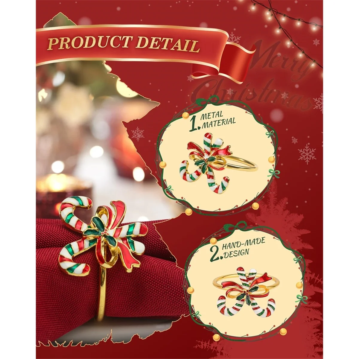 YHYS 6 قطعة مجموعة حلقات منديل عيد الميلاد ، حامل حلقة منديل معدني Bluk لحفلة عيد الميلاد لصالح عطلة الشتاء عشاء الجدول الديكور #5