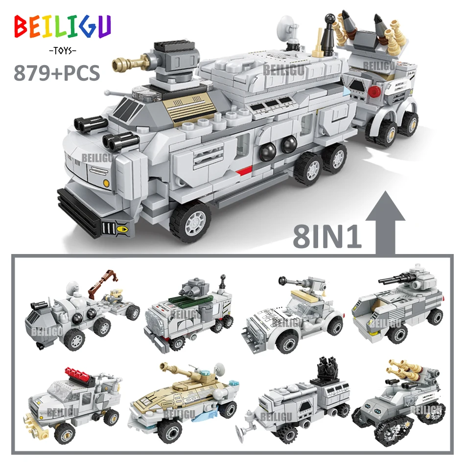 8IN1 879PCS City Space Star Armored Vehicle Truck Model Building Blocks Universe Carrier Detection Rover Bricks Toy for Children