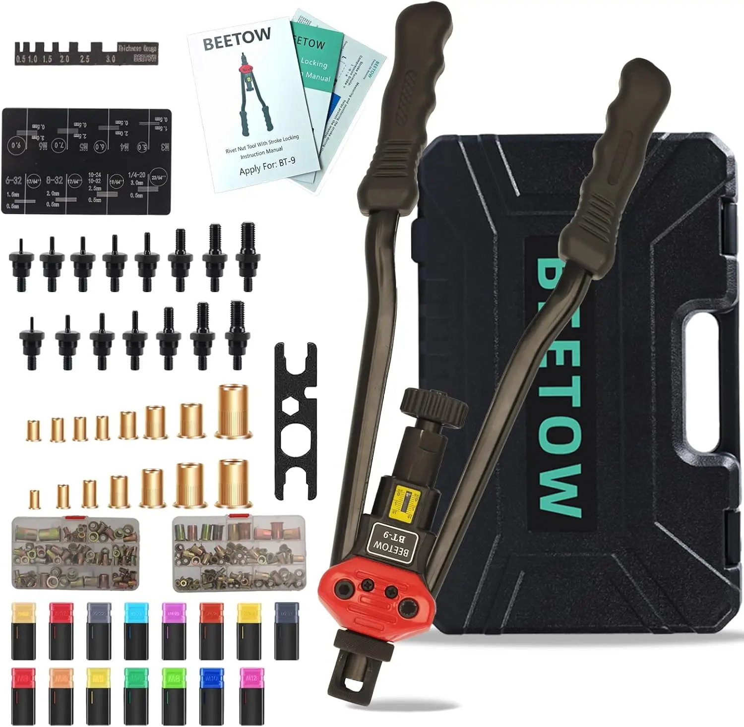 

Набор инструментов для заклепок, 16 футов — пистолет для заклепок SAE и метрических гаек с 15 оправками (M3–M12, # 6–1/2 дюйма) и 200 орехов