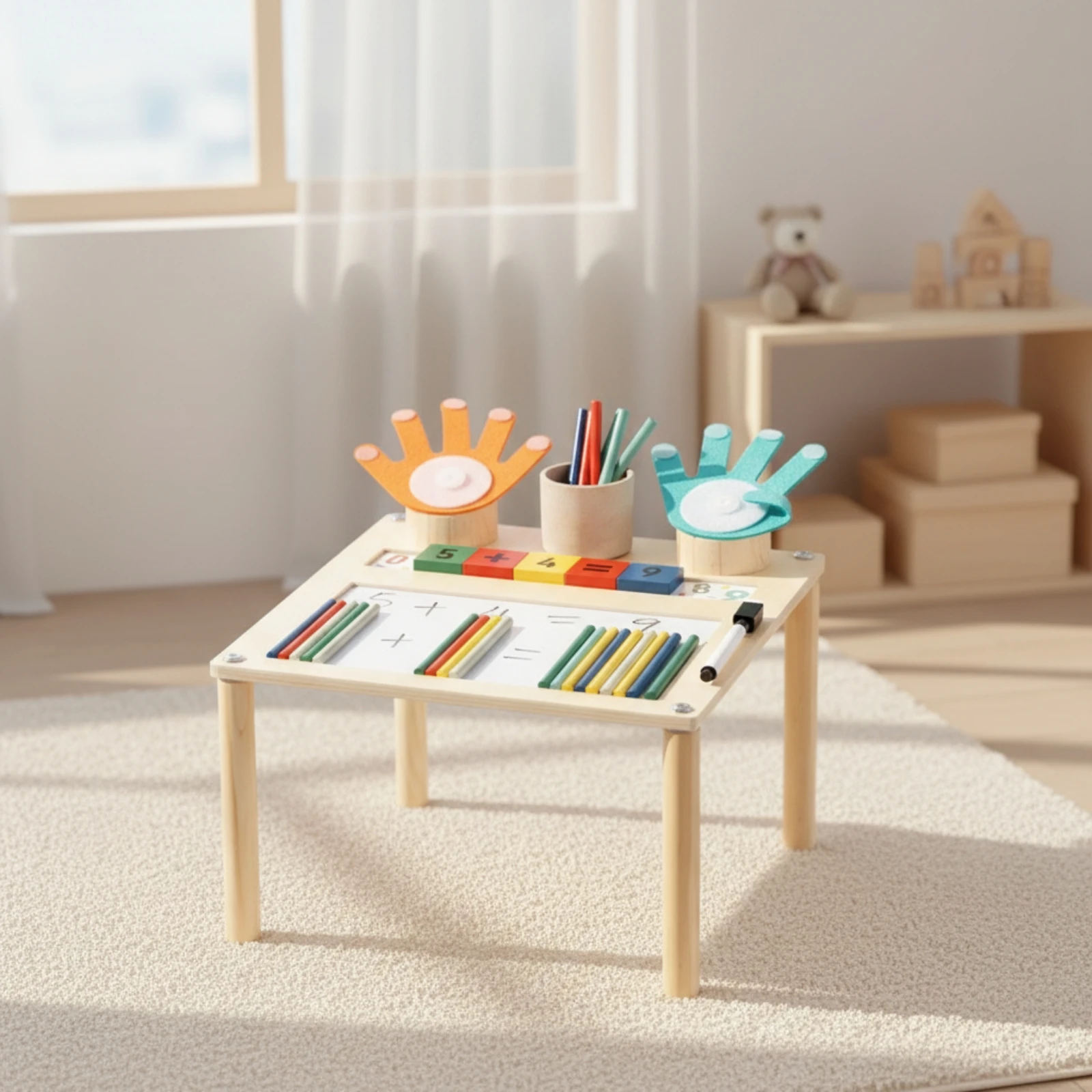 Activity Table with Hand-Shaped Holders Wooden Educational Play Table Sensory Toy Interactive Child-Friendly