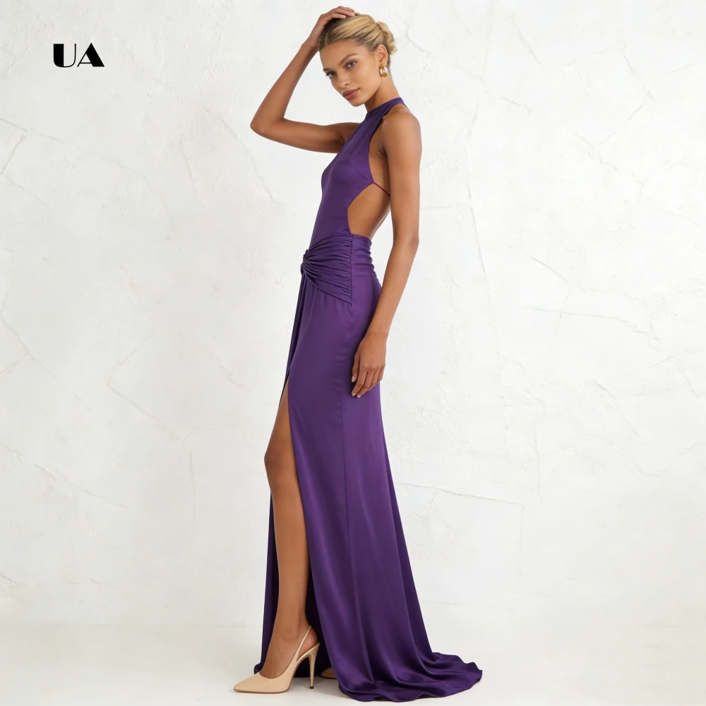 ULBYANRY Gerades Ballkleid aus gerafftem Satin mit Neckholder-Ausschnitt, solides ärmelloses Abendkleid, rückenfreies, individuelles Partykleid