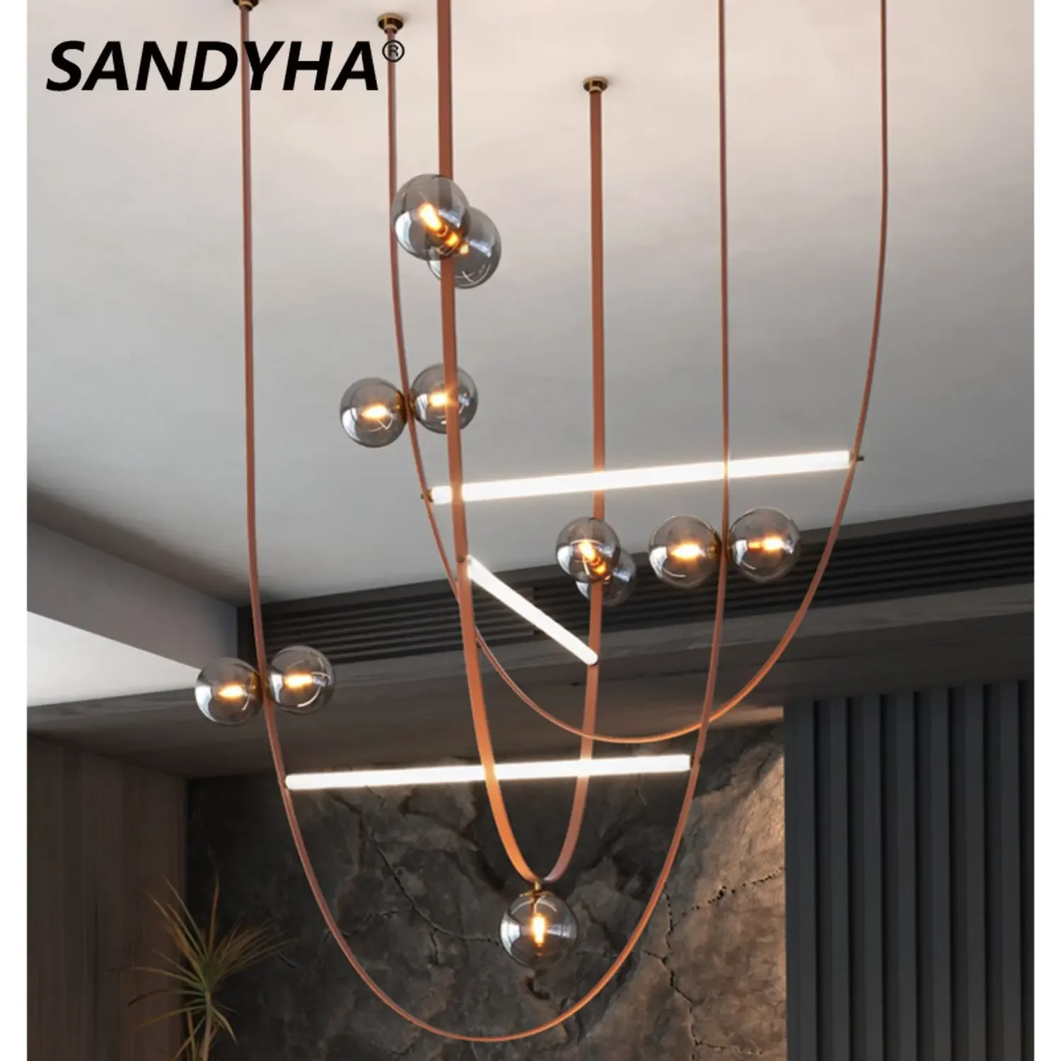 SANDYHA Modern Hollow Design Led Chandelier Belt Glass Ball Pendant Lights for Living Dining Room Salon Home Decor Hanging Lamp