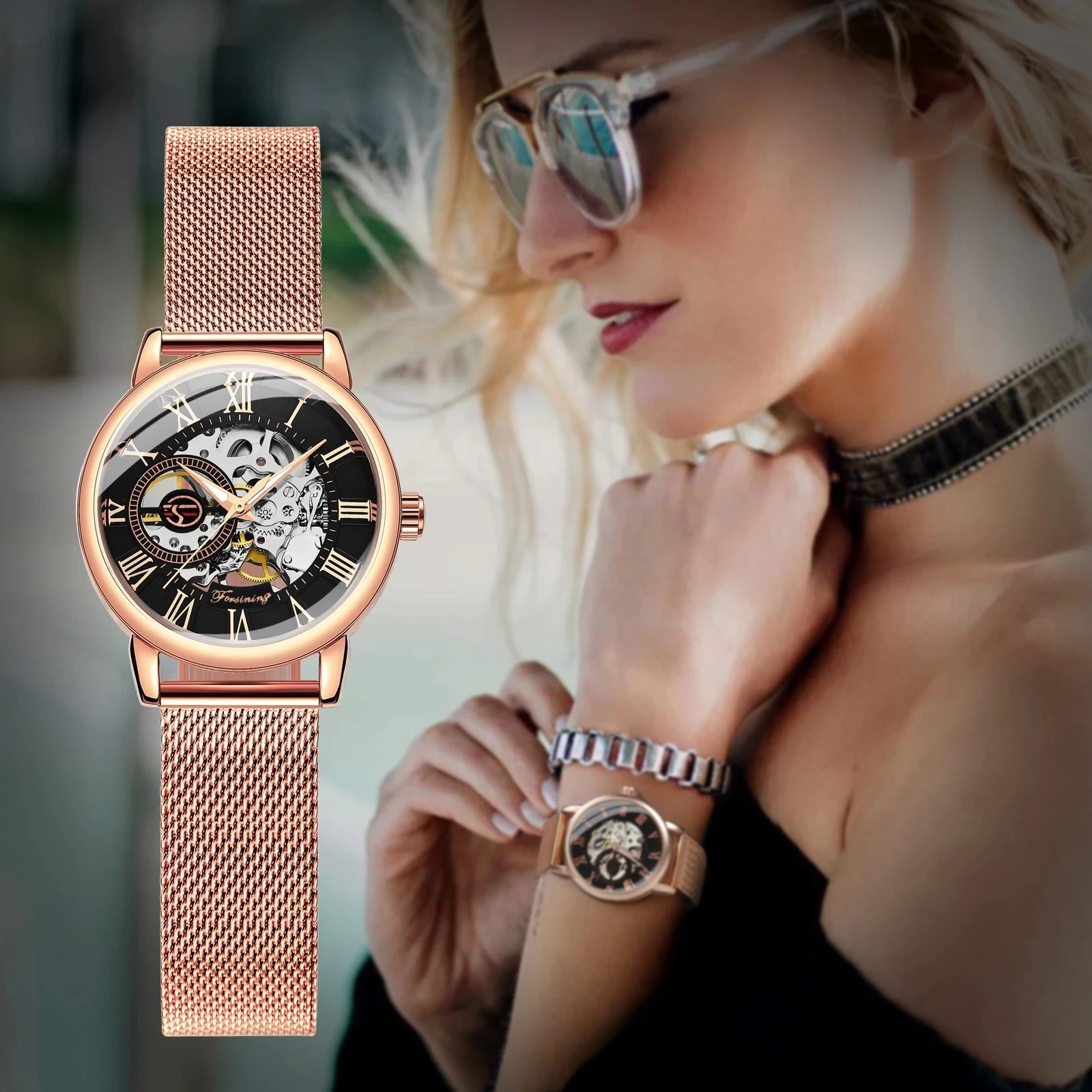 Forsining 099L Fashion Elegant Skeleton Watch for Women New Luxury Factory Mechanical Wristwatches Rose Golden Lady Watches