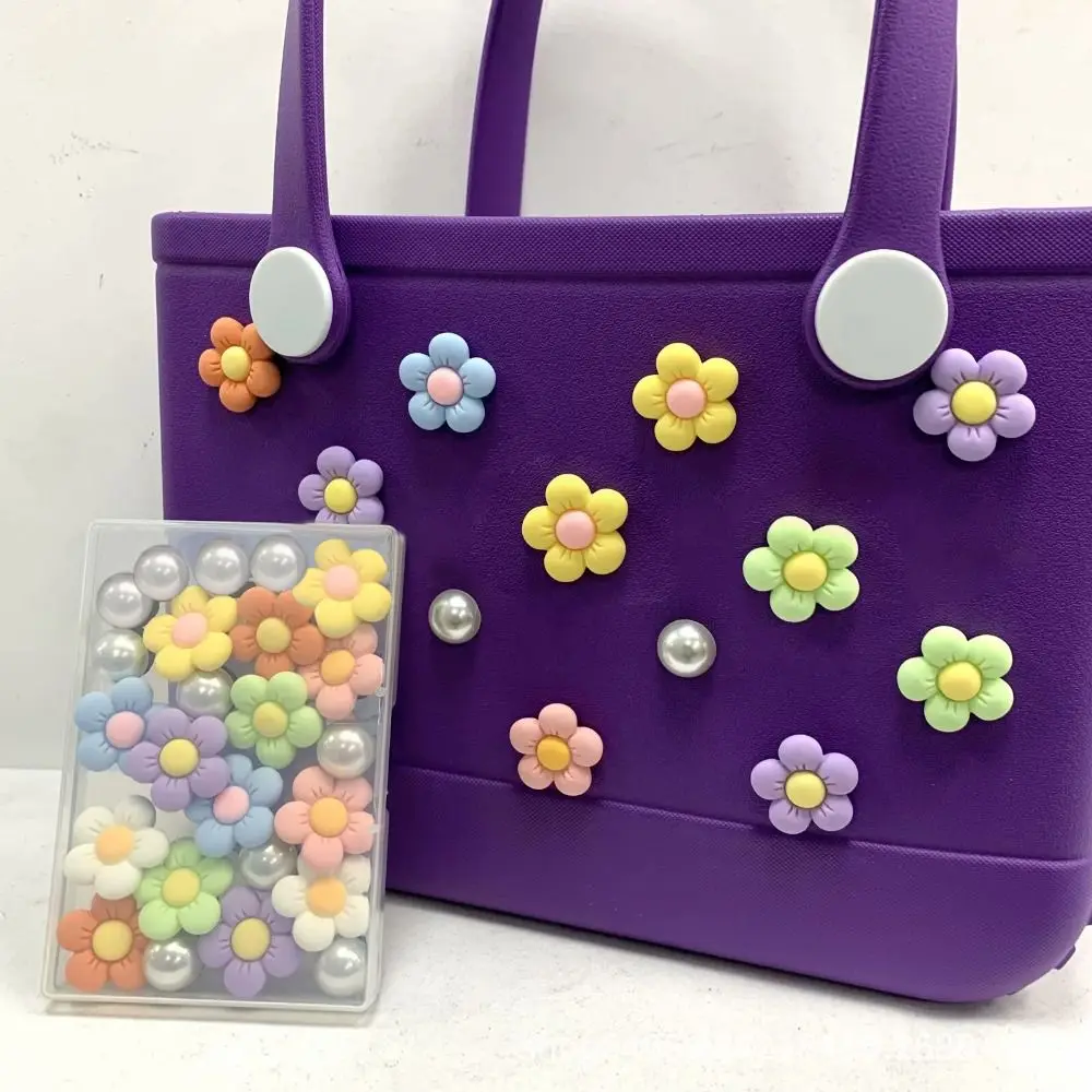 24Pcs Colorful Flowers Pearls Charms for Bogg Bags Rubber Beach Totes Handbag Decoration Bag Insert Charms Accessories for Women