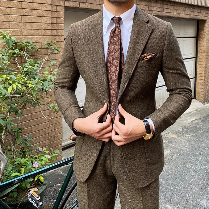 2025 New Retro Herringbone Men's Single-breasted 2-piece Suit Thick style for autumn and winter Formal Elegant Banquet Suit Hot