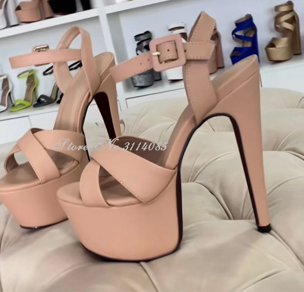 Women Nude Fuchsia Matte High Platform Sandals Stiletto Heel Cross Strap Buckle Dress Pumps Sexy Summer Party Shoes Size46