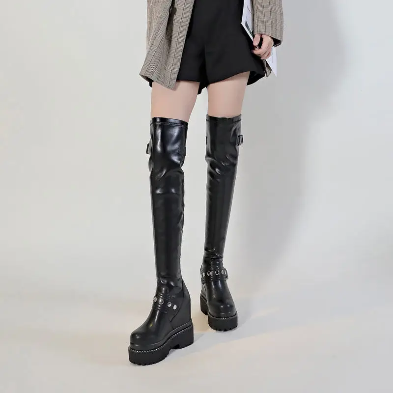 Fujin 12cm Genuine Leather Platform Wedges Over Knee High Boots ZIP Woman Fashion Modern Hidden Heel Spring Autumn Shoes Plush