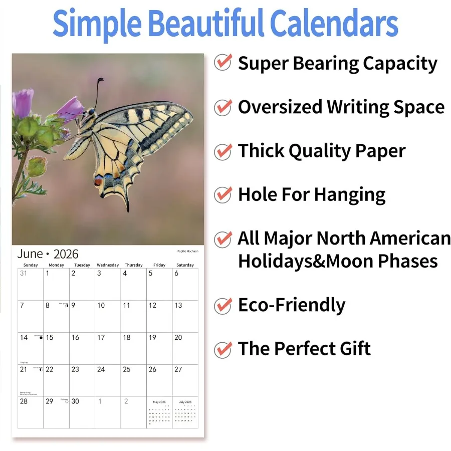 Calendario da parete 2026 Calendario 2026 luglio 2025 dicembre 2026 Calendario da parete Farfalla 12" x 24" Aperto Completo e mesi Spessore e robusto