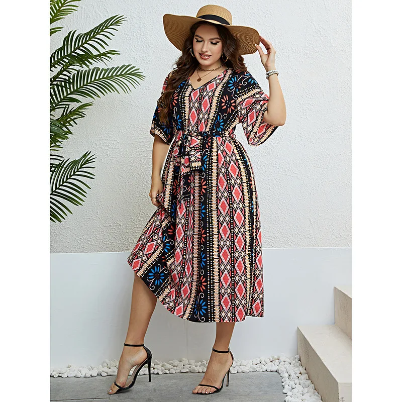 Vestido de estilo bohemio de talla grande para mujer, Vestido largo de media pantorrilla, manga larga, cuello en V, ropa holgada de talla grande