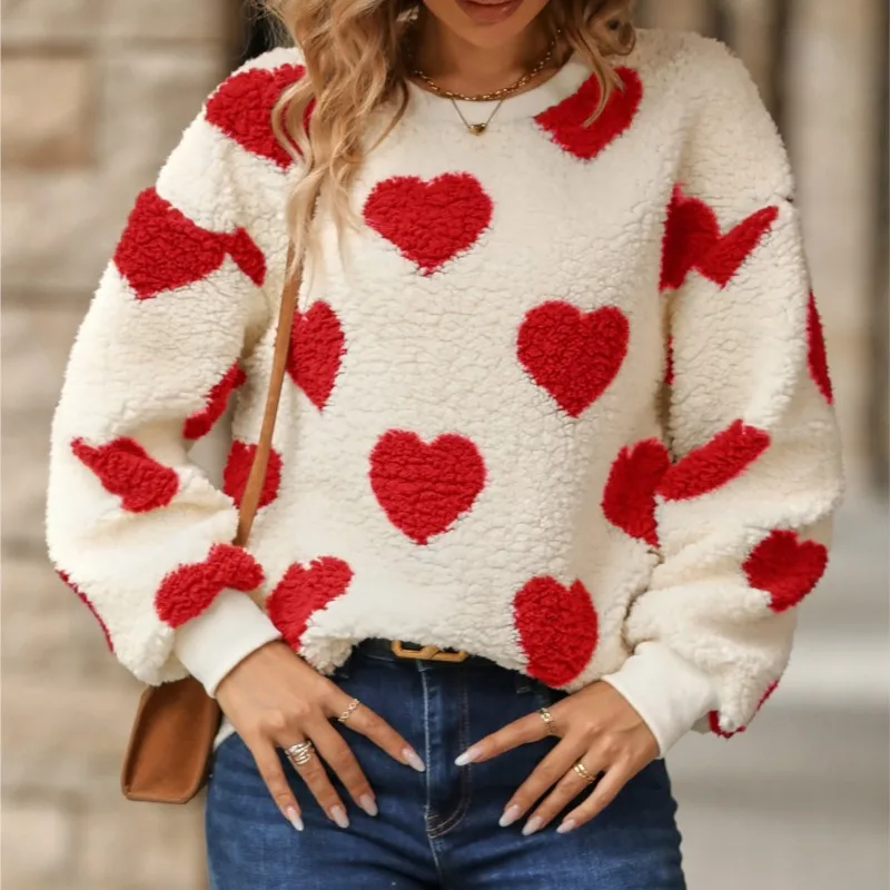 Heart Print Furry Hoodies Women O Neck Sweet Vintage Pullover Long Sleeve Loose Autumn Winter Warm Graphic Streetwear Female Top