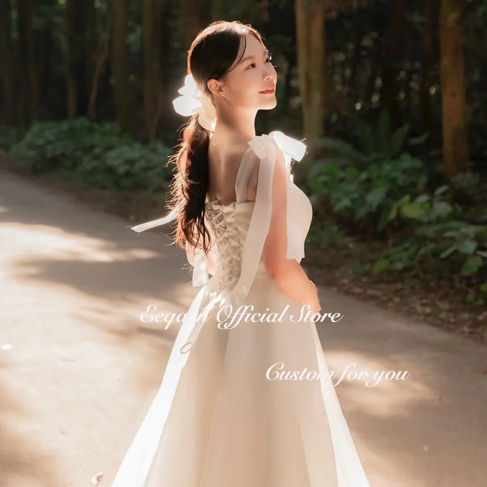 Simple Long Korean Wedding Dresses Photo Shoot A Line Organza Bow Straps Bridal Gown A Line Custom Wed Bride Dress Customized