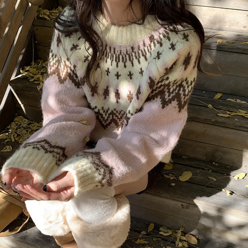 

Women Knitting Sweater 2025 New Pink Sweater Women's Fair Isle Jacquard Preppy Style Autumn Winter Knit Pullover