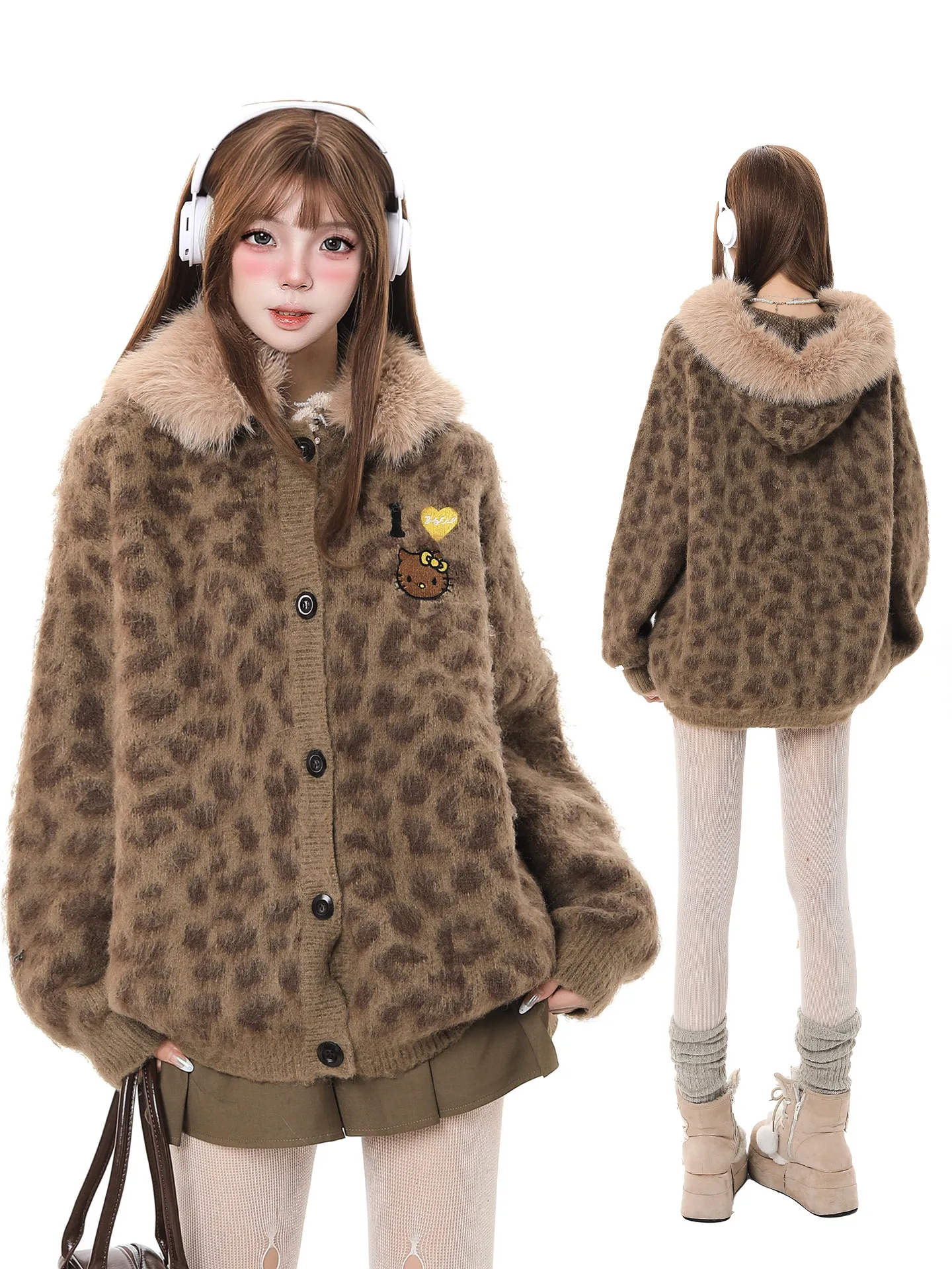 

Ретро-кардиган в американском стиле с леопардовым принтом, меховым воротником и капюшоном, женский, свободный, повседневный, с длинными рукавами, теплая верхняя одежда