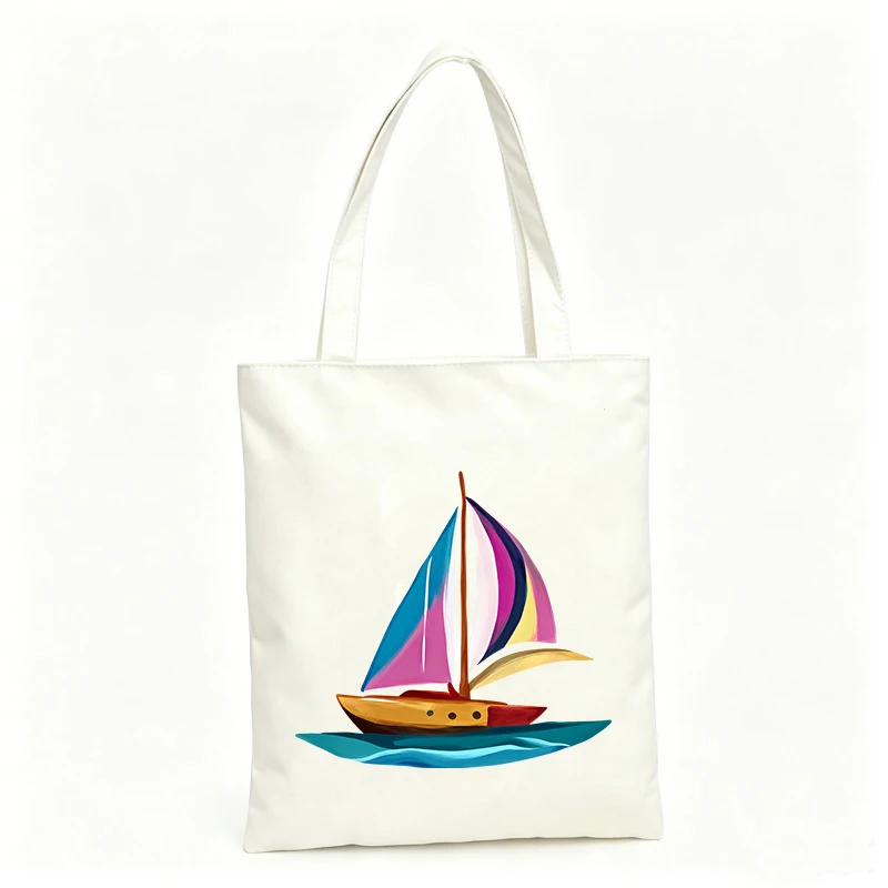 Women's sailboat graphic canvas tote bag, casual style for summer outings and daily use