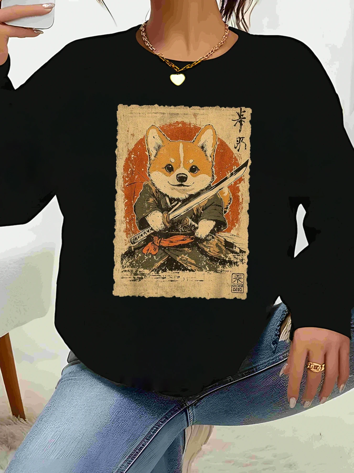 

Свитер с длинными рукавами и принтом собаки корги-самурая для повседневной одежды, женский модный топ