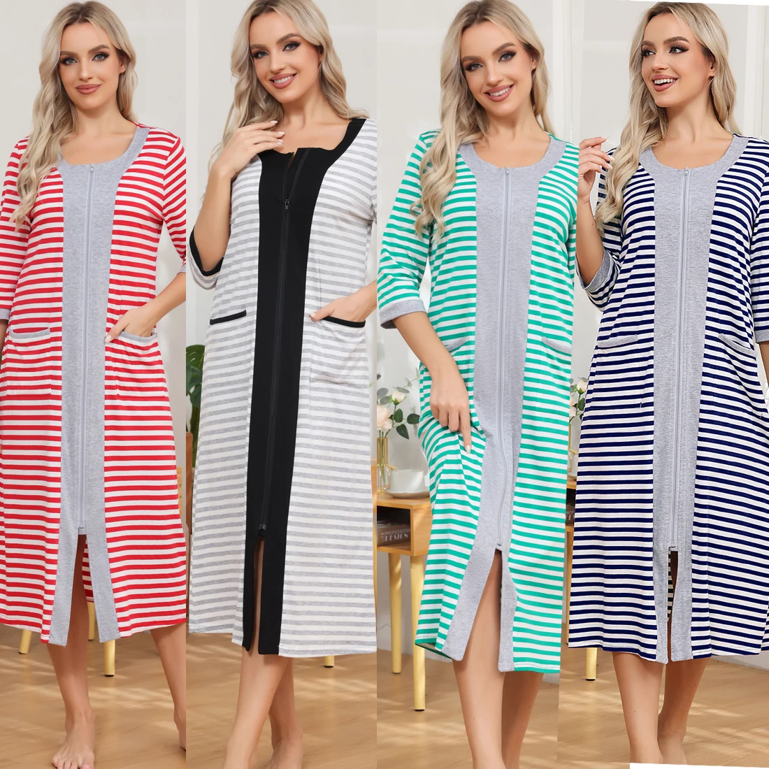 

Zipper Women Sleepwear Pajama Maternity Dress Short Sleeve Nursing Baby Breastfeeding Nightdress Pregnancy Dress Striped Pjs