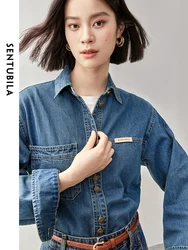 SENTUBILA 100% Cotton Washed Denim Jacket for Women 2024 Autumn Retro Loose Patchwork Pockets Leather Logo Coat W43C56148