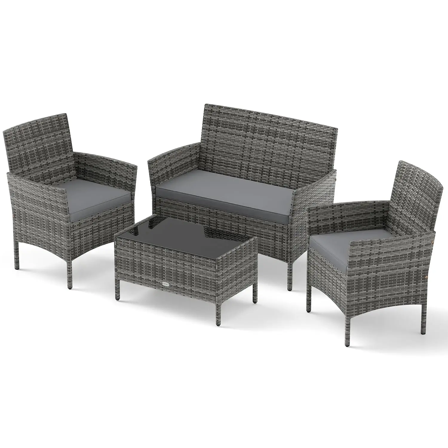 o*-4-Piece Patio Furniture Set - Rattan Outdoor Conversation Bistro Set w/Cushions, Glass Coffee Table, Wicker Chairs,