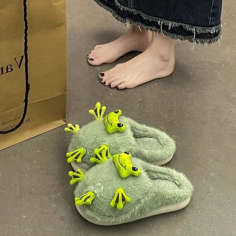 Warm Lovely Frog Cotton Slippers Student Anti Slip Animals Home Platform Plush Slipper Women Funny Outdoor Shoes 2024