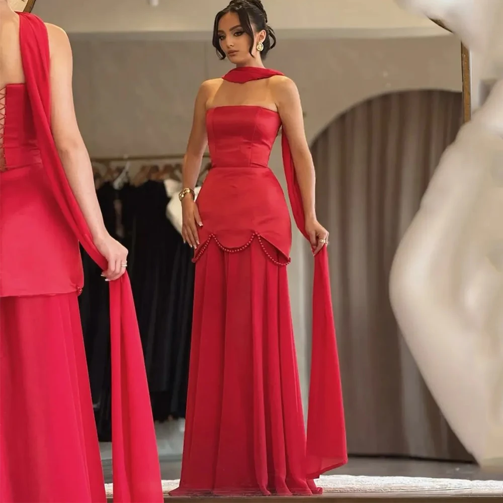 

Red Satin and Chiffon Evening Dress Strapless Sleeveless with Scarf Pearls Ladies Floor Length Customized Wedding Party Gown
