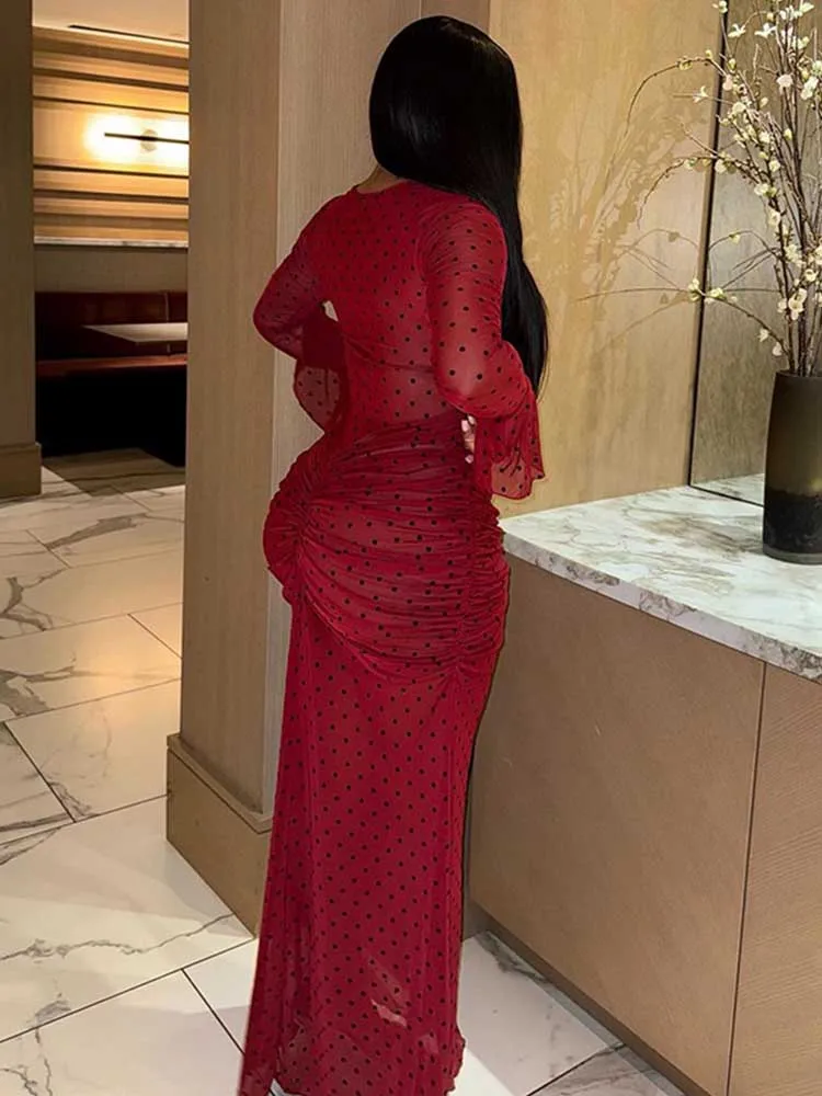 Long Elegant Spring Dresses with Flared Sleeve Dots Printed Evening Red Dresses for Youth Women Valentines Day Dress Sexy - view 2