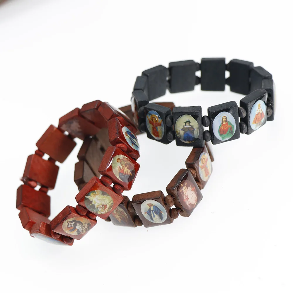 Natural Wooden Catholic Jewelry Virgin Mary Jesus Christian Faith Rosary Bracelet Religious Jewelry Wholesale