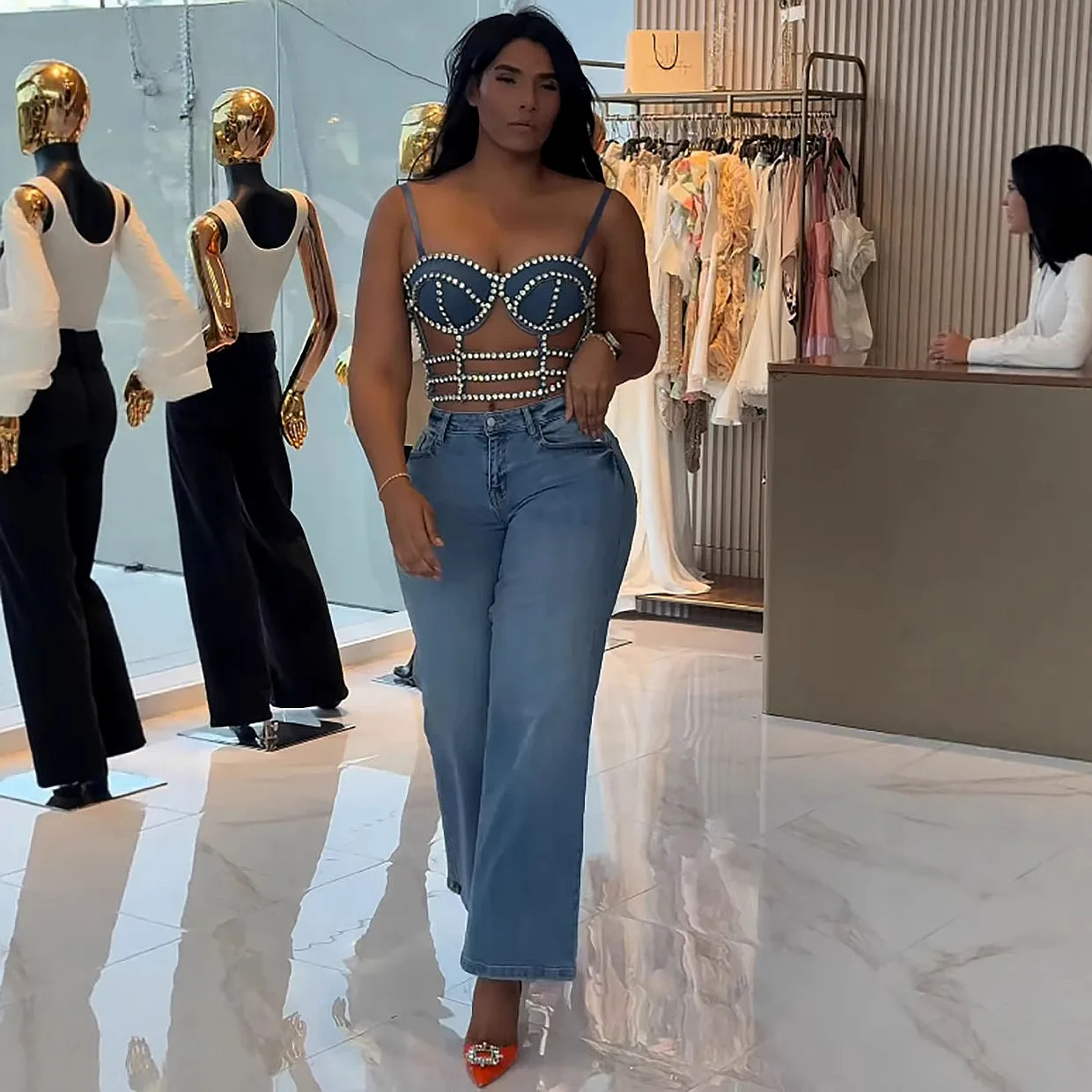 Sexy Rhinestone Denim Vest Top Adjustable Women's Summer Tank Tops Blouse