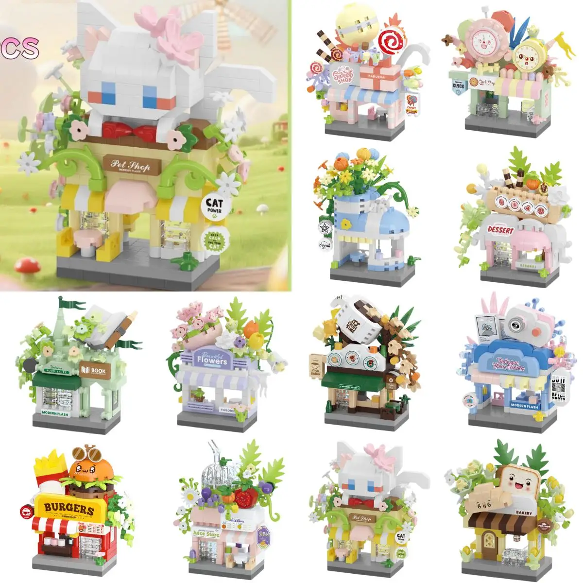 Funny Joy Library Candy Store Street View Coffee Pet Bread Flower Hamburger Small Shop City Building Blocks Street Store Toys